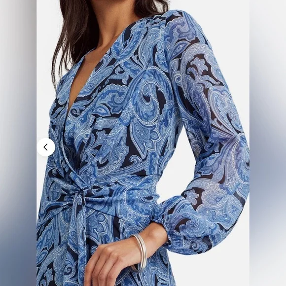 Ralph Lauren Navy and Light Blue Paisley Long Sleeve Dress - Picture 7 of 10